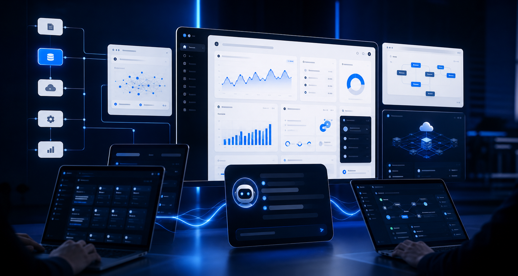 Painéis modernos de SaaS com automações, gráficos e interface de inteligência artificial.